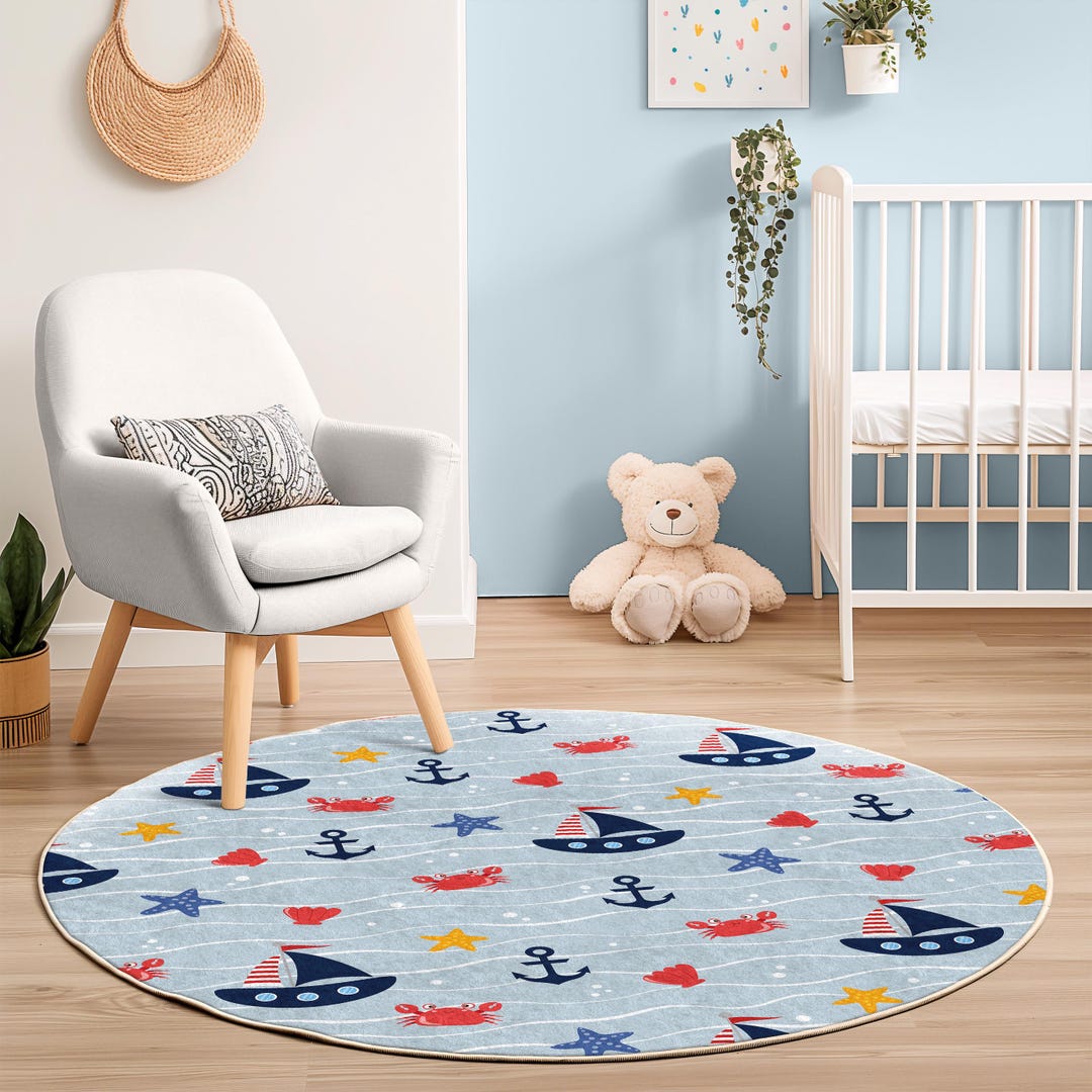 Nautical Kids Round Rug - Ocean Theme Playroom Carpet for Nursery ...