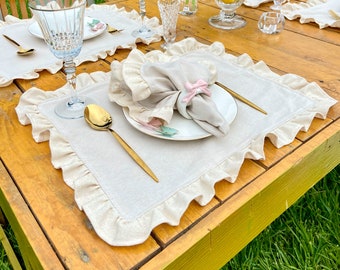 Ruffled Linen Placemats, Table Placemats with Ruffle, Vintage Dining Placemat Set for Thanksgiving, Linen Place Mats