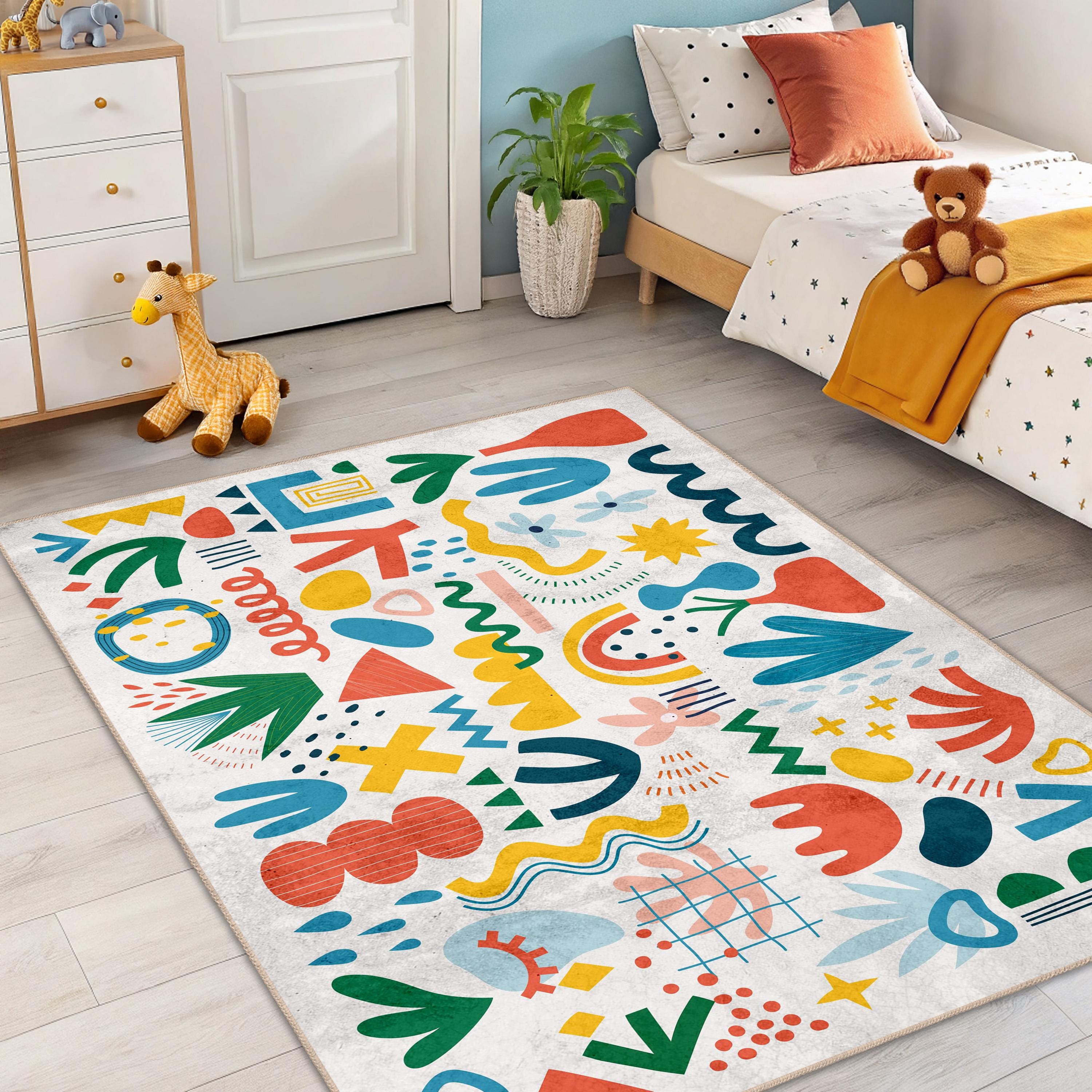 Abstract Shapes Kids Area Rug - Modern Geometric Nursery Carpet ...