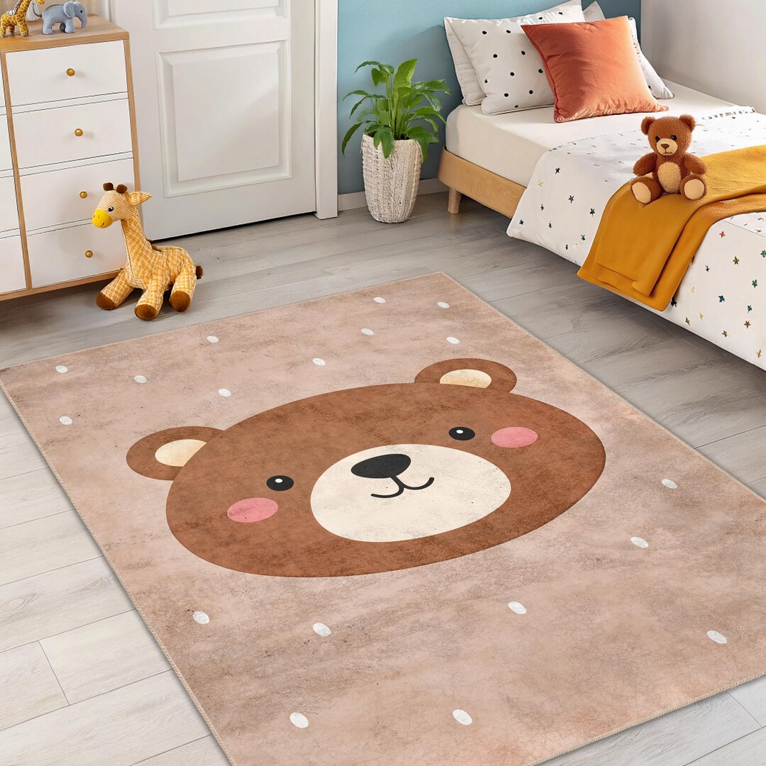 Brown Bear Face Kids Rug - Neutral Nursery Area Rug - Cute Woodland ...
