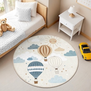 Himmel Reise Kinderzimmer Runder Teppich - Neutrale Töne Kreis Teppich - Heißluftballon Kinderzimmer Teppich - Wolke Spielzimmer Matte - Abenteuer Thema Dekor
