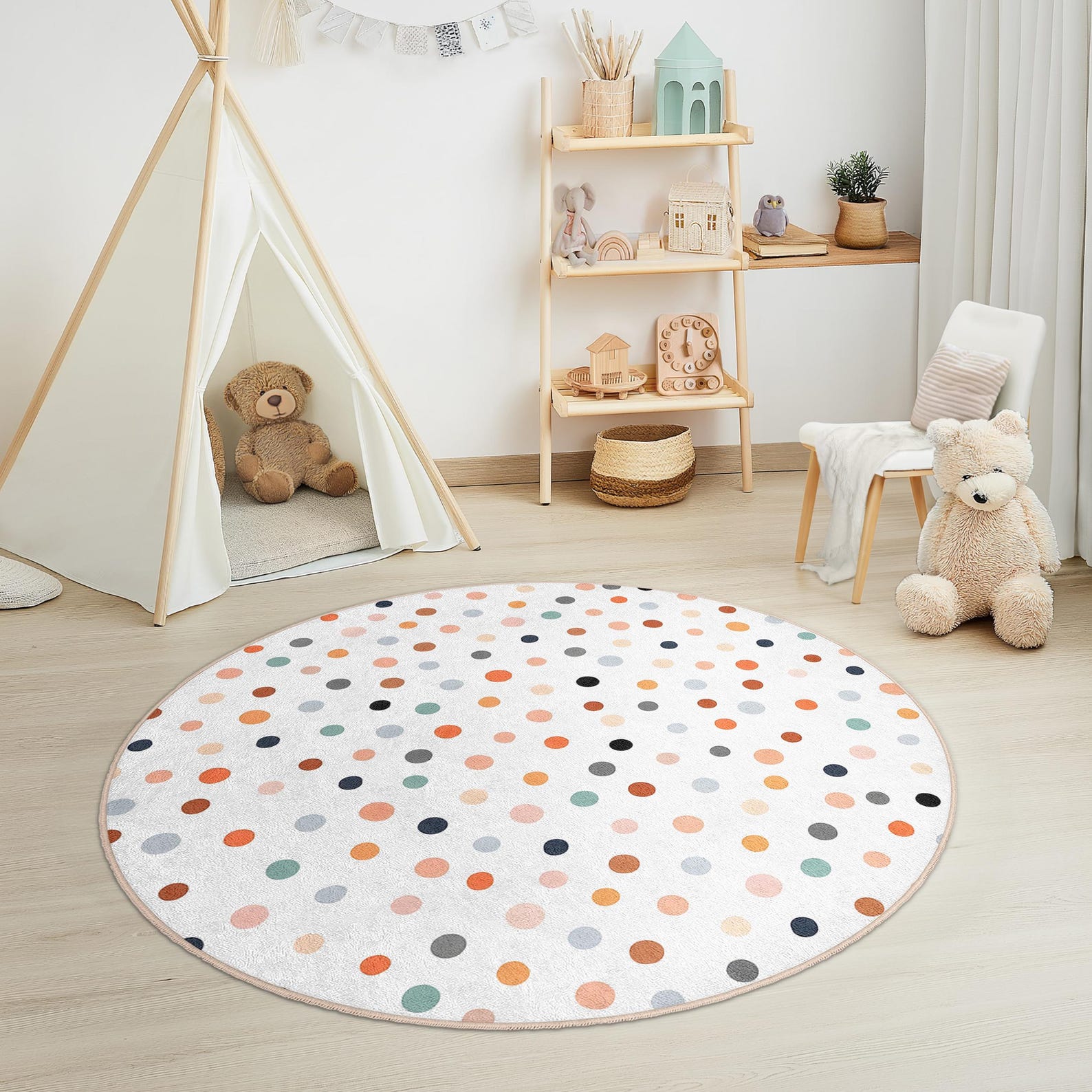 White And Green Polka Dot Round Rug
