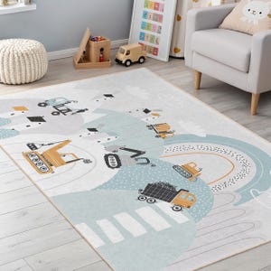 Tapis de jeu camions de construction pour enfants, tapis d'activité bleu moutarde pour chambre d'enfants, décoration de chambre d'enfant sur le thème de la route, cadeau d'anniversaire pour tout-petit et enfant
