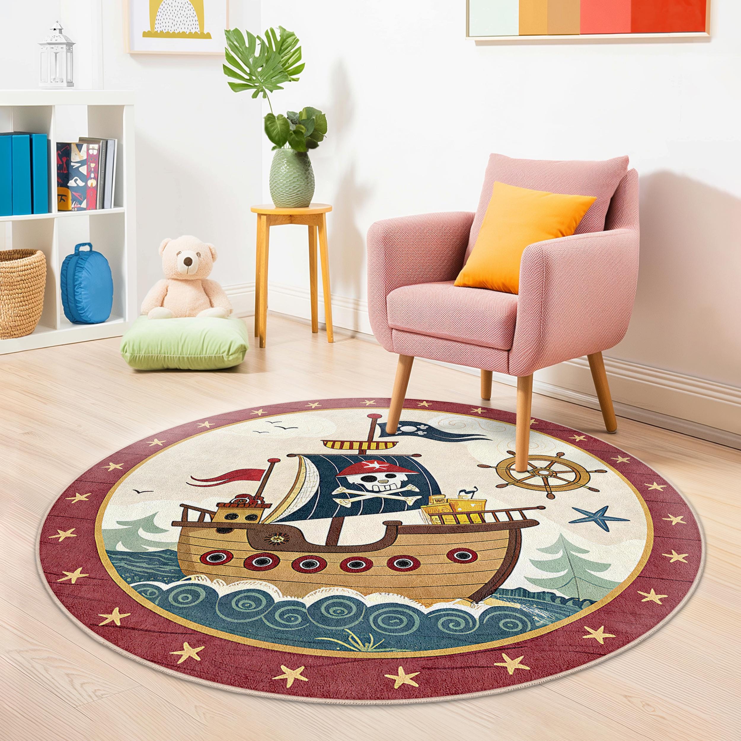 Pirate Ship Adventure Kids Round Rug - Nautical Playroom Carpet - Red ...