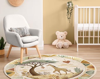 Safari Giraffe Round Kids Rug - Boho Jungle Nursery Carpet - Beige Green Playroom Mat - Animal Theme Toddler Room Decor - Washable Circle Ru