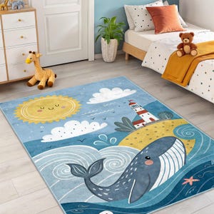 Wal & Leuchtturm Kinderzimmerteppich - Ocean Adventure Kinderbereich Teppich - Blaues Nautisches Thema Spielzimmer Matte - Niedlicher Babyzimmer Dekor Akzent