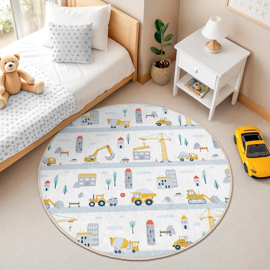 Round Children Rug Construction Vehicles City Round Kids Rug, Yellow Trucks & Crane Design ...