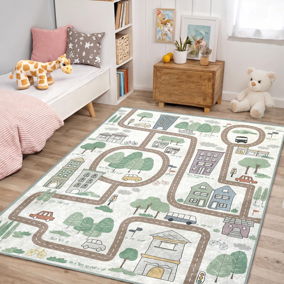 City Road Map Kids Area Rug - Car Track Activity Carpet - Neutral Play ...