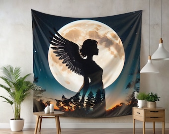 Angel Woman Silhouette Tapestry, Moon Tapestry, Tapestry Wall Hanging, Office Decor, Wall Art, Home Decoration Gift