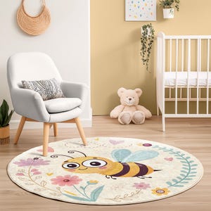 Cute Bumblebee Play Circle Carpet - Bee Kids Room Round Rug - Floral Nursery Mat - Nature Inspired Playroom Rug - Washable Non-Slip Carpet