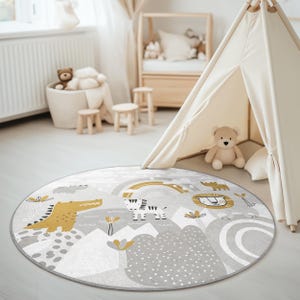 Safari Tiere Runder Teppich, Kinderzimmer Teppich, Löwe Zebra Krokodil Kinder Schlafzimmer Bodenmatte, Senf Grau Dschungel Dekor