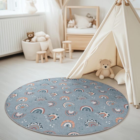 Boho Rainbow Nursery Rug, Round Area Rug for Baby Room