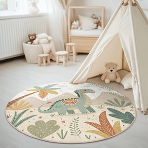 Grüner Teppich mit Dino Muster - Dinosaurier Teppich für Kinder - Kinderzimmer Deko - Prähistorisches Spielzimmer Dekor