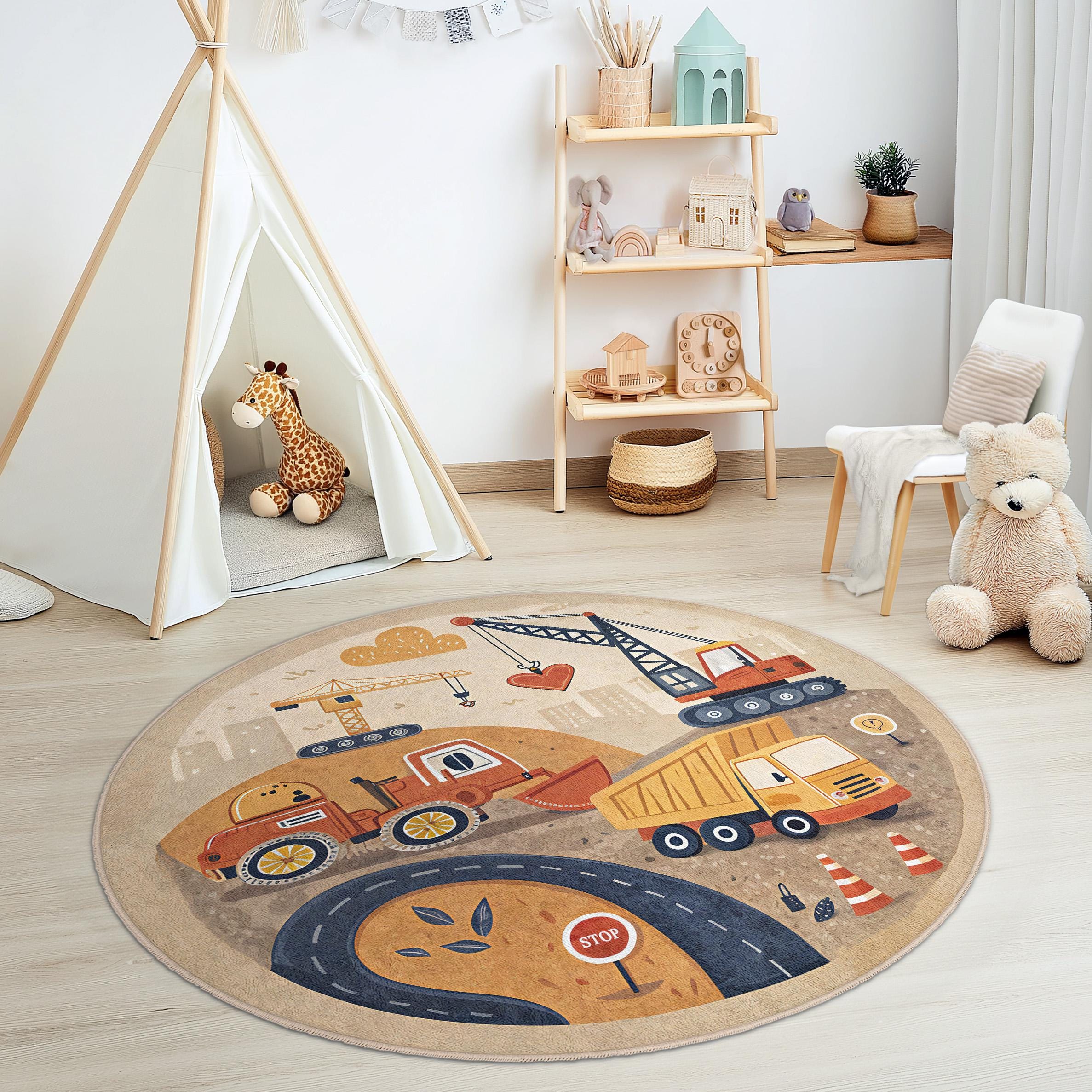 Building Play Room Rug Construction Site Round Kids Rug - Playroom Carpet With Trucks and ...