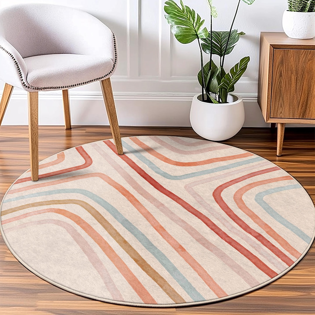 Mid-century Modern Abstract Round Rug | Geometric Waves and Sun ...