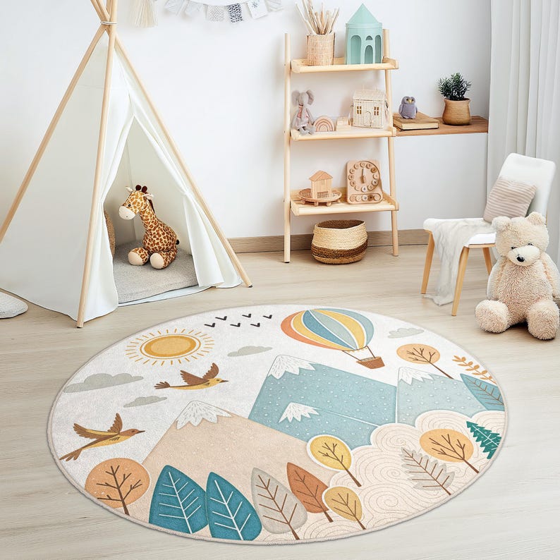 Detailed scenic rug with overlocked edges, creating a cozy, storybook atmosphere in playrooms or baby nurseries