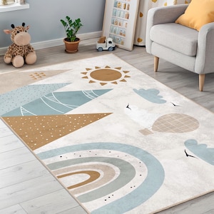Tapis bohème montagne arc-en-ciel pour enfants - tapis de chambre de bébé neutre en montgolfière - tapis géométrique scandinave de salle de jeux - décoration de chambre pour tout-petit