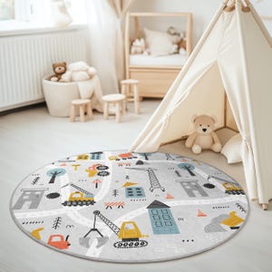 Rond kindertapijt bouwplaats - Vrachtwagens en kranen bouwen Kinderkamerdecoratie - Wegenkaarttapijt voor jongenskamer - Speelkleed voor peuters met voertuigen