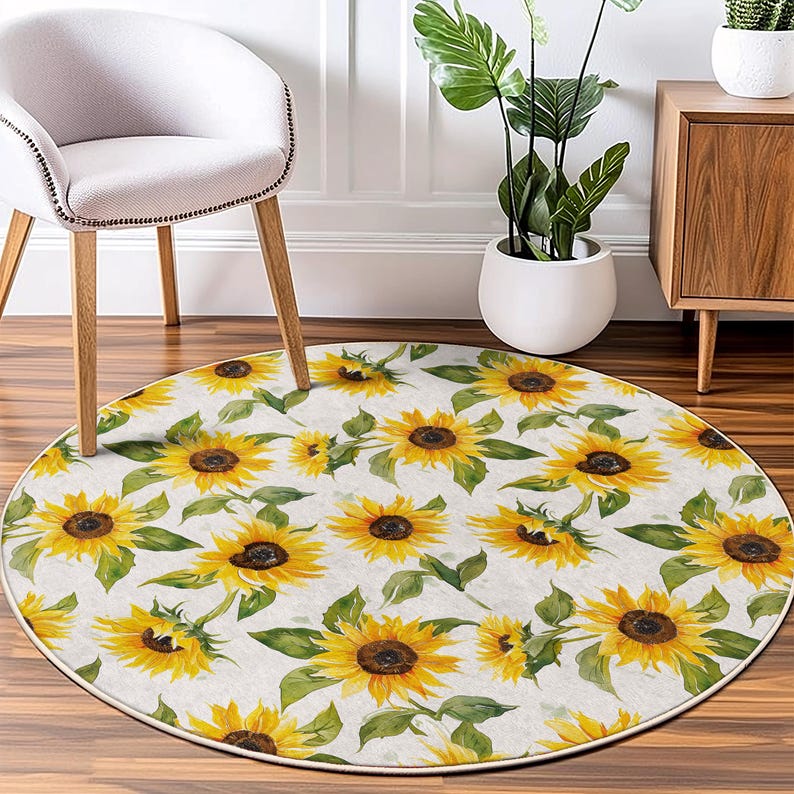 Sunflower Patterned Round Rug, Rugs for Kitchen, Anti-slip Circle ...