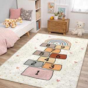 Rainbow Hopscotch Kids Rug – Pastel Numbers Playroom Mat - Heart & Dot Nursery Carpet - Washable Non-Slip Area Rug for Toddler Room Decor