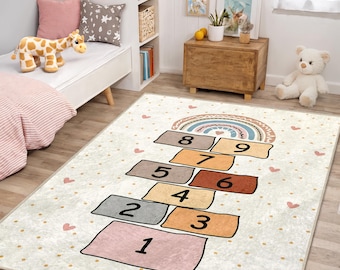 Rainbow Hopscotch Kids Rug – Pastel Numbers Playroom Mat - Heart & Dot Nursery Carpet - Washable Non-Slip Area Rug for Toddler Room Decor