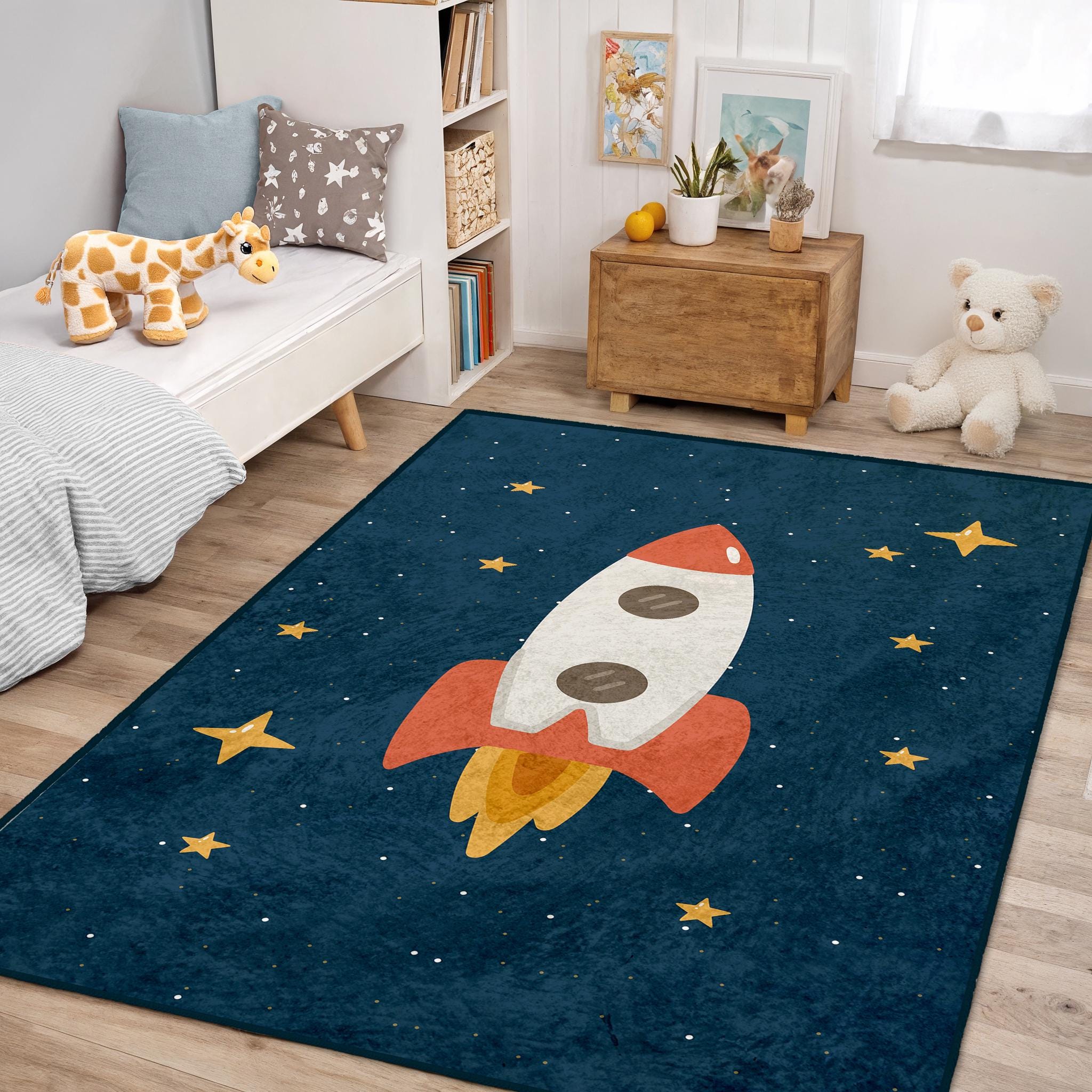 Rocket Circular Rug Rocket Space Kids Rug, Round & Rectangular Playroom Carpet for Toddler ...