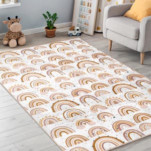 Kids Rainbow Area Rug for Nursery - Modern Boho Patterned Carpet - Washable Baby Room Floor Mat - Gender Neutral Baby Shower Gift Idea