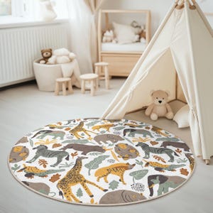 Safari Abenteuer runder Teppich | Dschungeltiere Teppich | Kinderzimmer Dekor | Bunte Zoo Spielmatte | Baby-Dusche-Geschenk | Kleinkind Bodenmatte