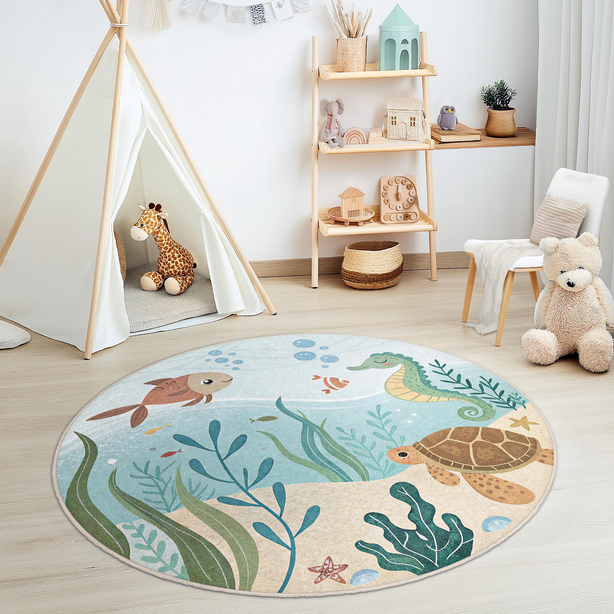 Underwater Ocean Kids Round Rug - Sea Life Playroom Carpet - Marine ...