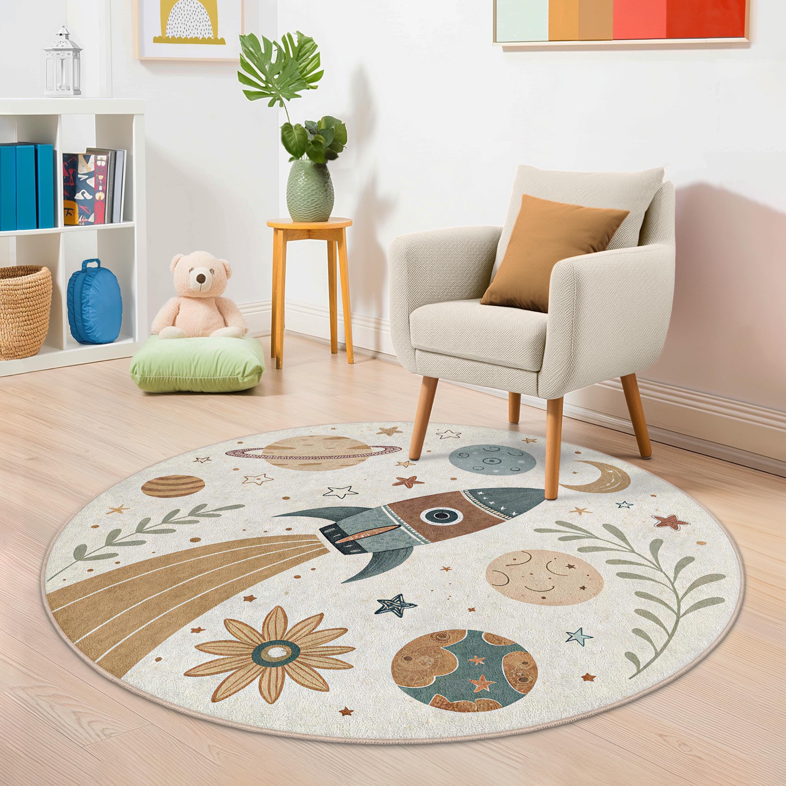 Rocket Circular Rug Space Adventure Round Rug - Rocket Ship and Planets Kids Carpet - Outer ...
