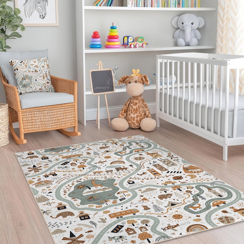 Boho Adventure Road Map Kids Area Rug - Neutral City Safari Play Carpet ...