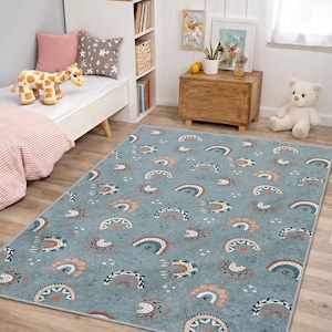 Boho Rainbow Kids Area Rug - Blue Star Pattern Playroom Carpet - Nursery Accent Mat - Modern Toddler Room Decor - Washable Children’s Rug