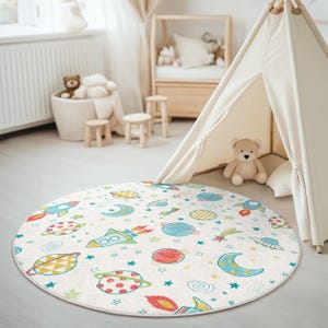 Space Adventure Rug | Round Kids Carpet | Rocket Ship Planets Stars | Colorful Nursery Playroom Floor Mat