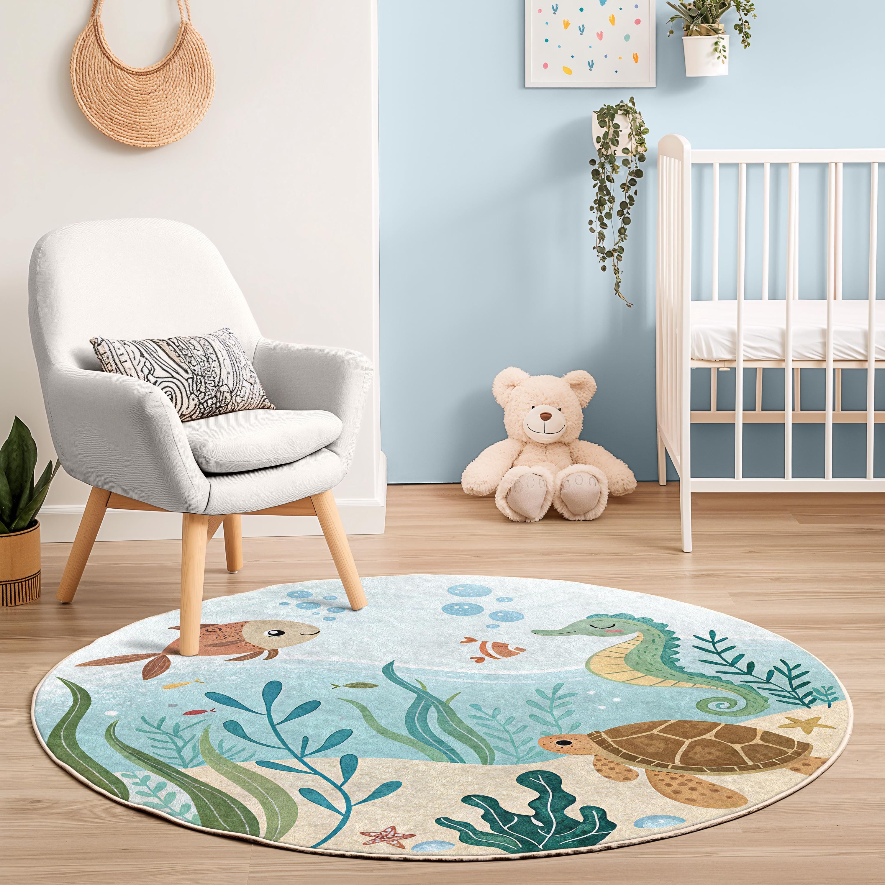 Underwater Ocean Kids Round Rug - Sea Life Playroom Carpet - Marine ...