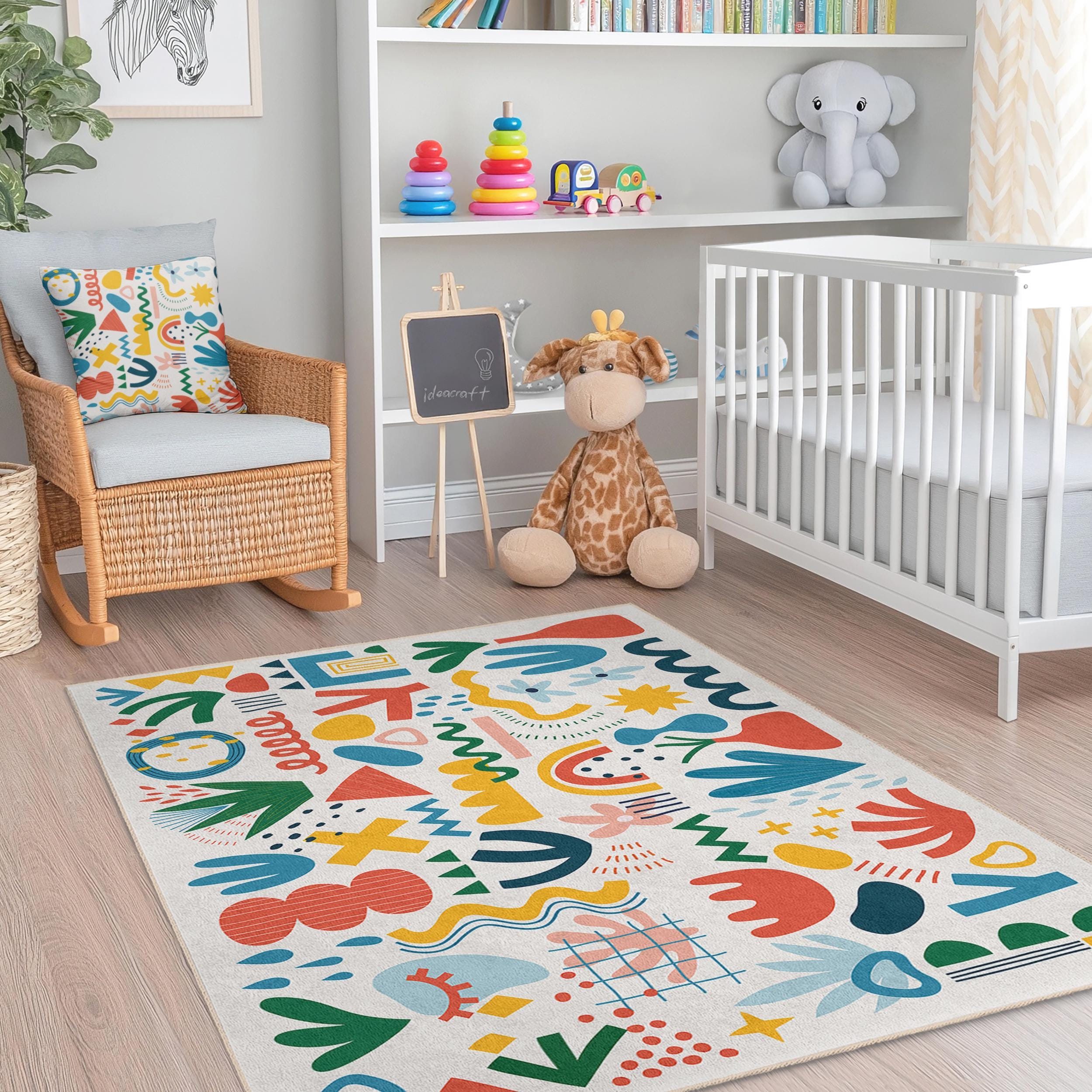 Abstract Shapes Kids Area Rug - Modern Geometric Nursery Carpet ...