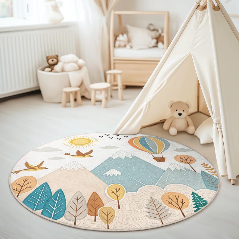 Woodland adventure themed circle rug with velvet-like surface, perfect for reading nooks, toddler rooms, and nurseries