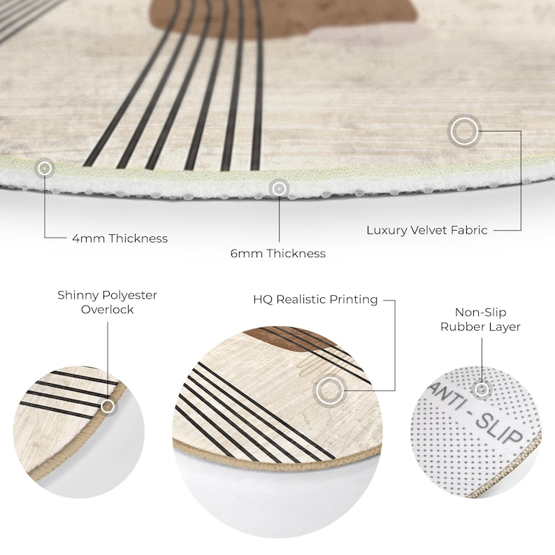 May include: A round rug with a geometric pattern in black and white stripes on a beige background. The rug has a 4mm thick velvet fabric top layer and a 6mm thick non-slip rubber backing. The rug is shown in detail with close-up images of the fabric, the print, and the backing.
