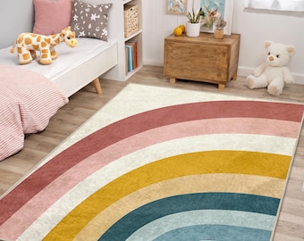 Retro Rainbow Rug for Kids Room - Playroom or Nursery, Large Colorful Floor Mat for Baby Spaces & Toddler Bedrooms - Modern Boho Decor