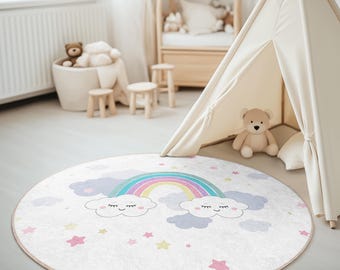 Alfombra de guardería con nubes de arcoíris, alfombra redonda con estrellas para habitación de niños, alfombra de dormitorio con arcoíris pastel, alfombra de juegos para habitación de bebé, alfombra de dormitorio para niñas con cielo mágico
