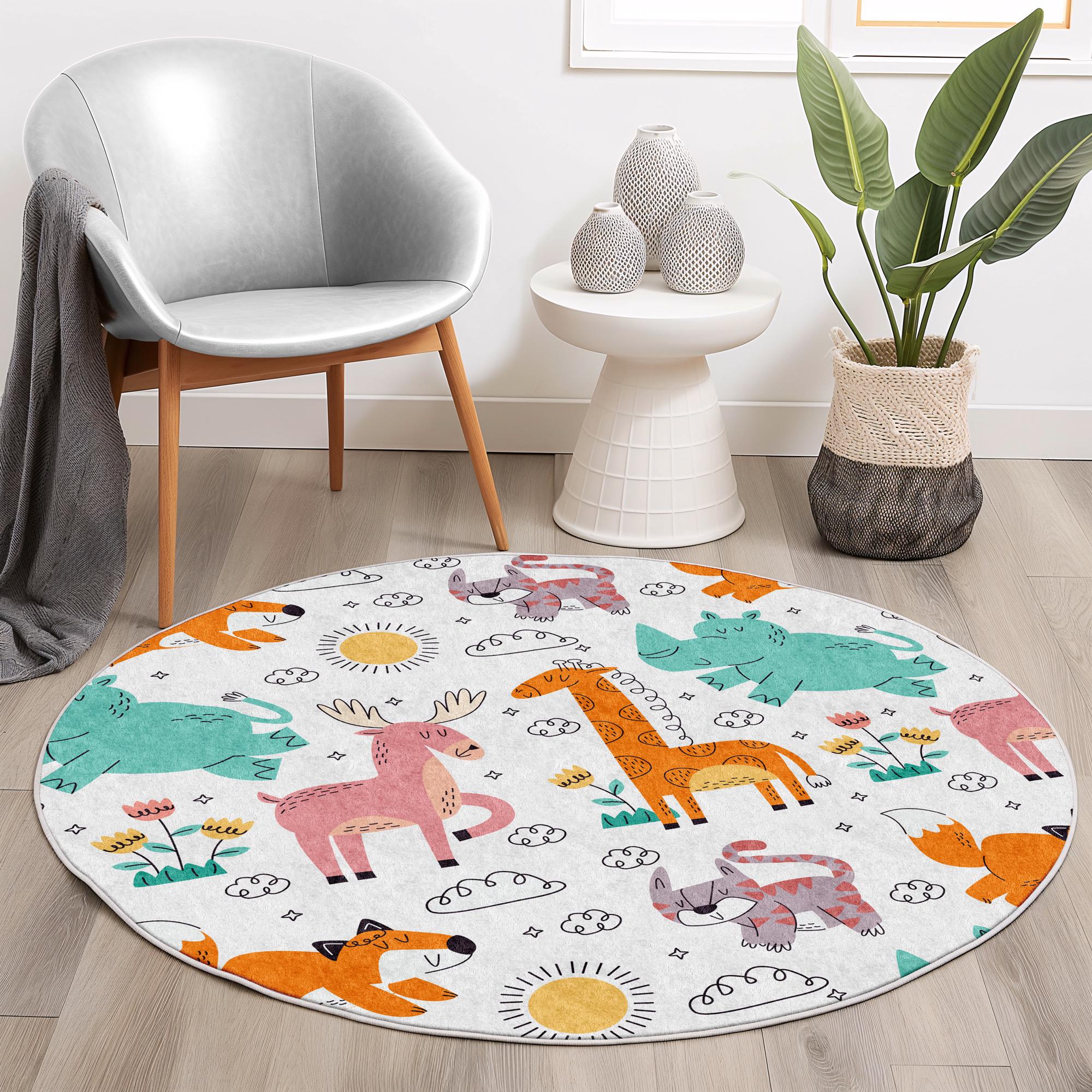 Woodland Animals Nursery Rug | Round Area Carpet for Kids Room | Cute ...