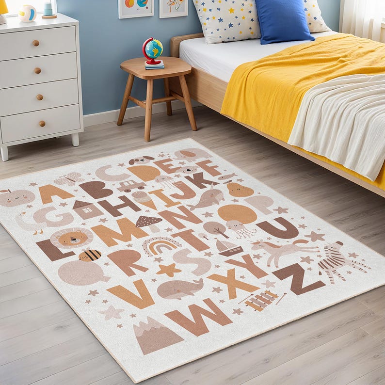 Alphabet Animals Kids Area Rug - Modern Neutral ABC Play Mat for ...