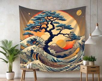 Japanese Art Sun and Waves Wall Tapestry, Wall Hangings, Gift for Home, Room Decor, Landscape Wall Tapestry, Wall Art, Home Decoration Gift