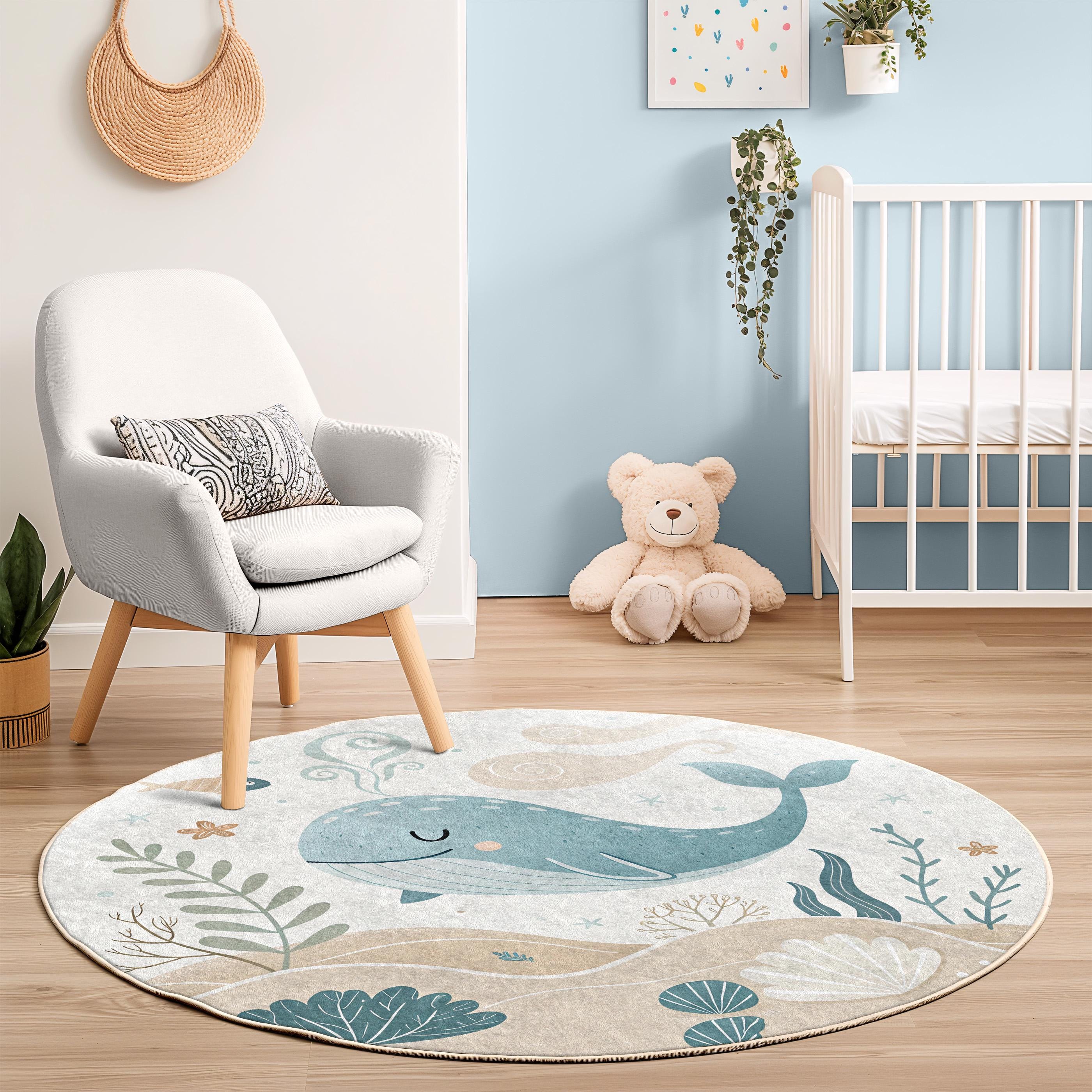 Underwater Whale Round Kids Rug - Ocean Themed Nursery Carpet for ...