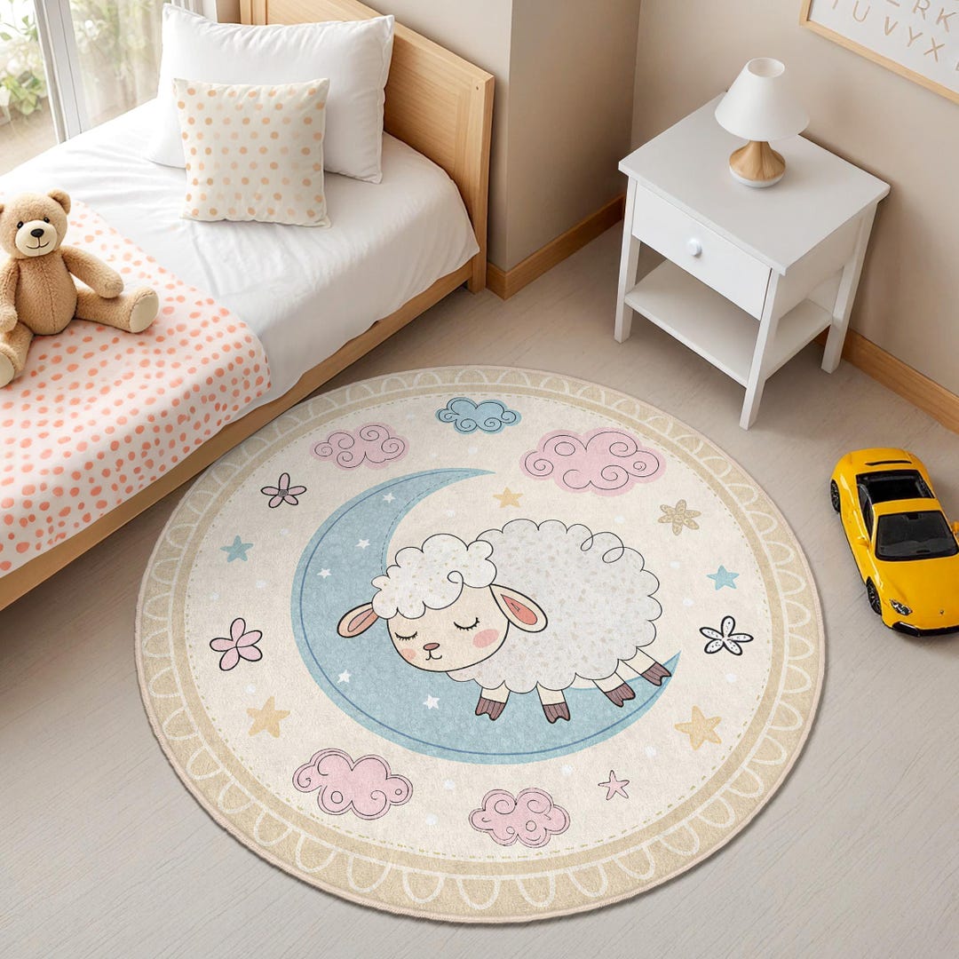 Baby Sleep Rug Sleeping Lamb Kids Round Rug - Moon and Stars Nursery Carpet - Soft ...