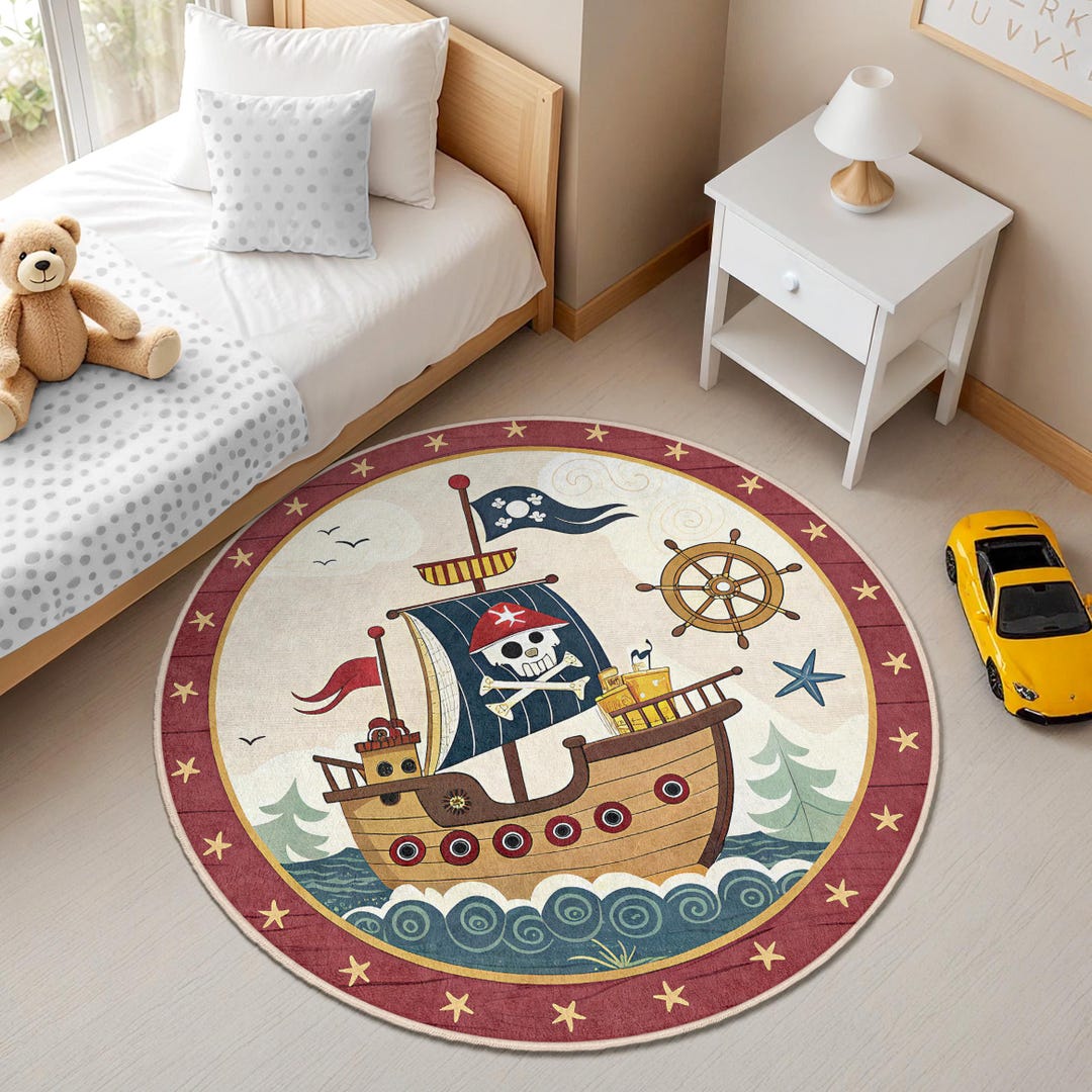 Pirate Ship Adventure Kids Round Rug - Nautical Playroom Carpet - Red ...
