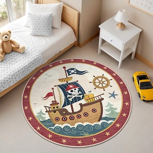 Tappeto rotondo per bambini "Pirate Ship Adventure" - Tappeto per sala giochi nautica - Tappeto circolare rosso e blu per cameretta dei bambini - Decorazione per cameretta a tema pirata per bambini