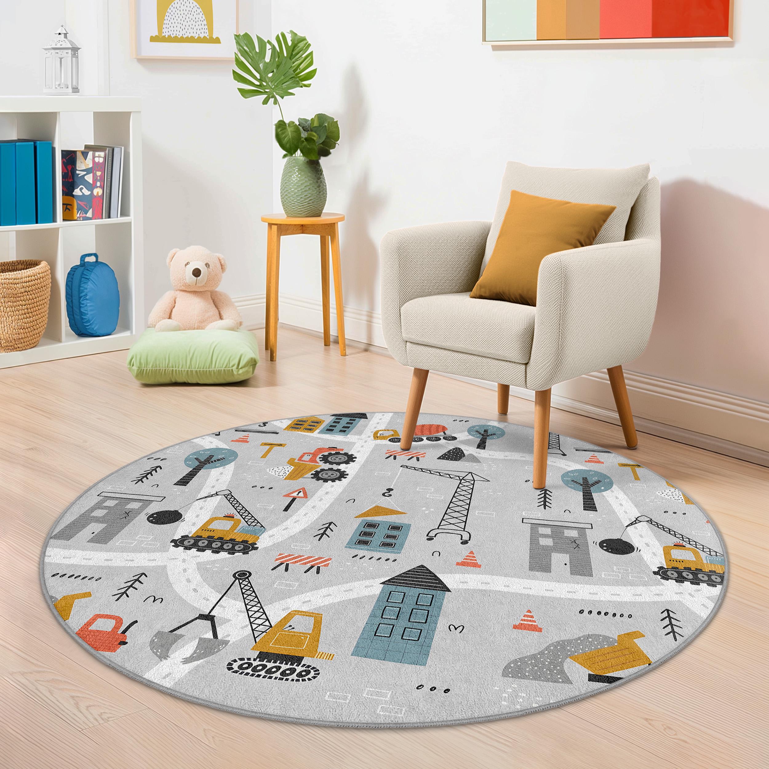 Round Construction Site Kids Rug - Building Trucks and Cranes Nursery ...