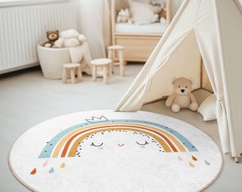 Sweet Rainbow Dreams Round Rug, Cute Raindrops and Crown Design, Nursery Area Carpet, Kids Room Decor, Pastel Rainbow Playroom Floor Rug