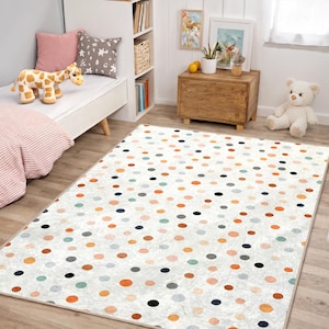 Polka Dot Kids Area Rug - Multicolor Dots Playroom Carpet - Modern Nursery Accent Mat - Washable Toddler Room Rug - Non Slip Floor Decor