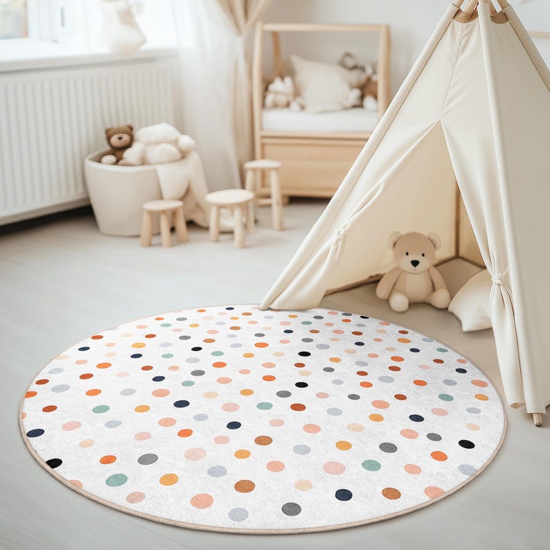 Polka Dot Round Rug, Modern Nursery Playmat, Scandinavian Kids Room ...